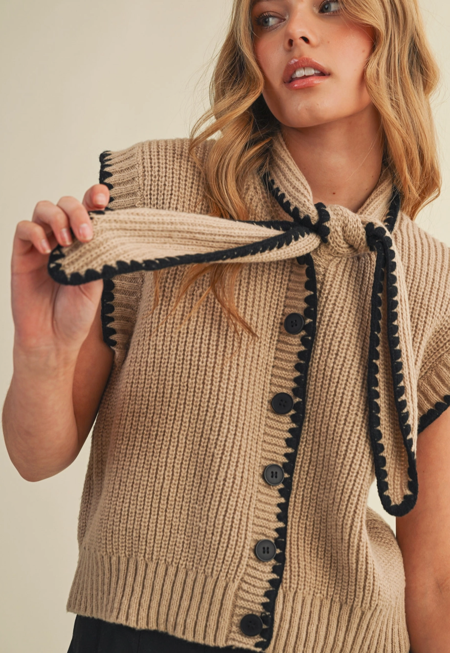 Charlie Knit Top in Taupe and Black with Neck Tie
