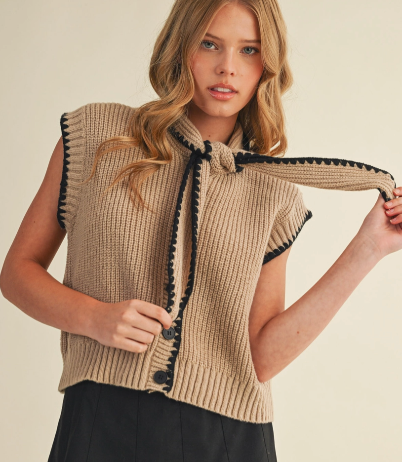 Charlie Knit Top in Taupe and Black with Neck Tie