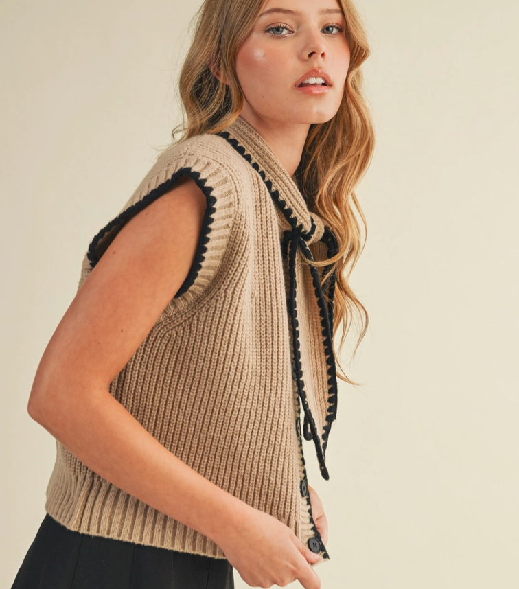 Charlie Knit Top in Taupe and Black with Neck Tie