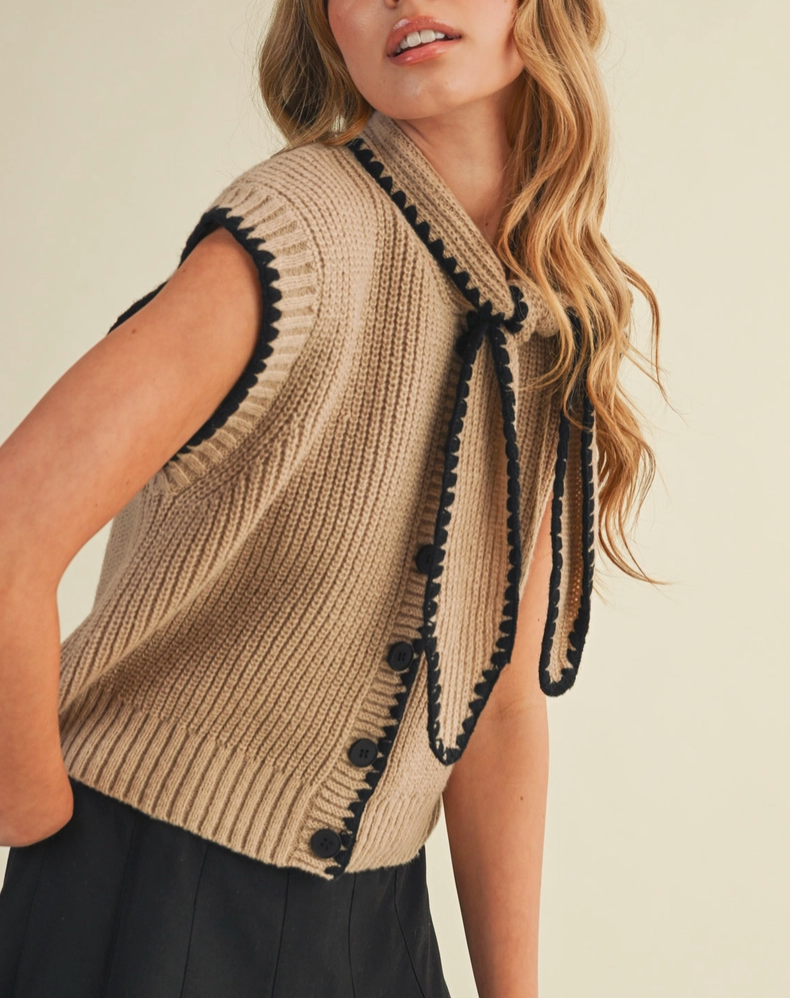 Charlie Knit Top in Taupe and Black with Neck Tie