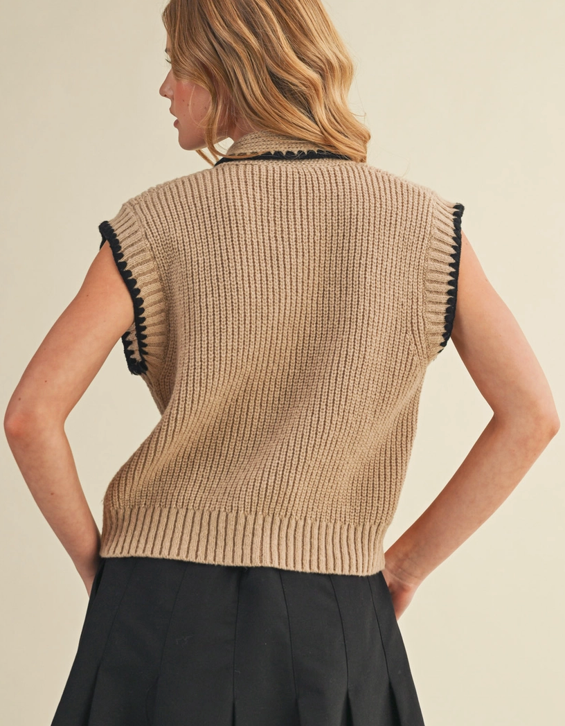 Charlie Knit Top in Taupe and Black with Neck Tie