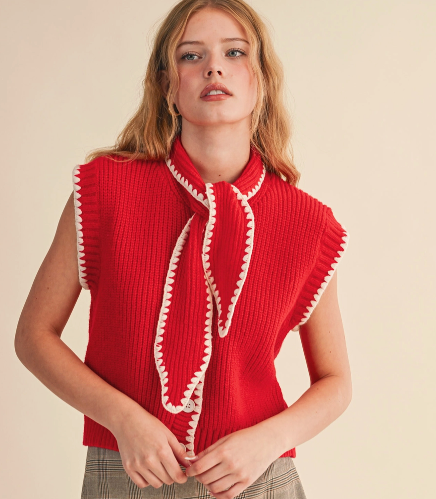 Charlie Knit Top in Red and White with Neck Tie
