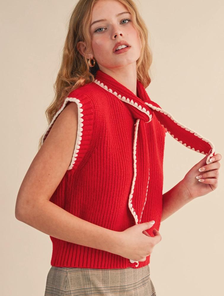 Charlie Knit Top in Red and White with Neck Tie