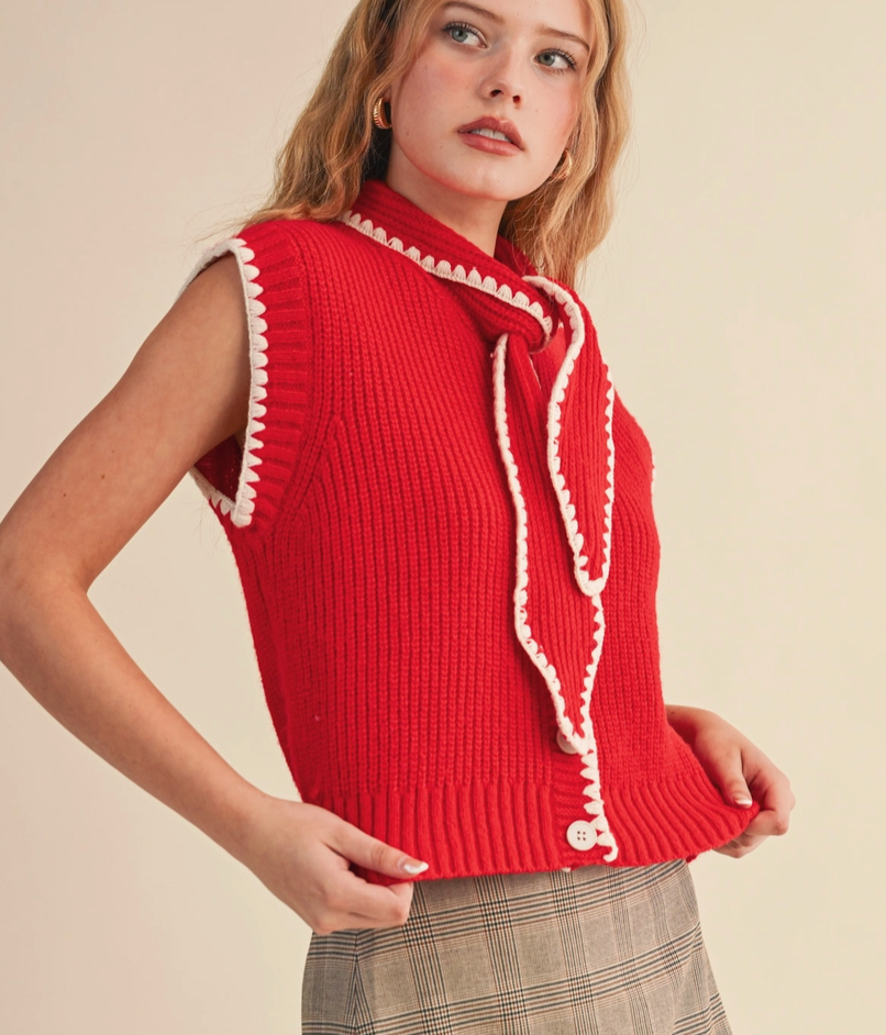 Charlie Knit Top in Red and White with Neck Tie
