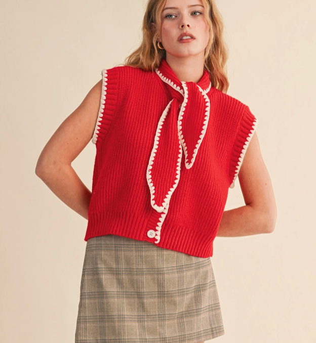 Charlie Knit Top in Red and White with Neck Tie