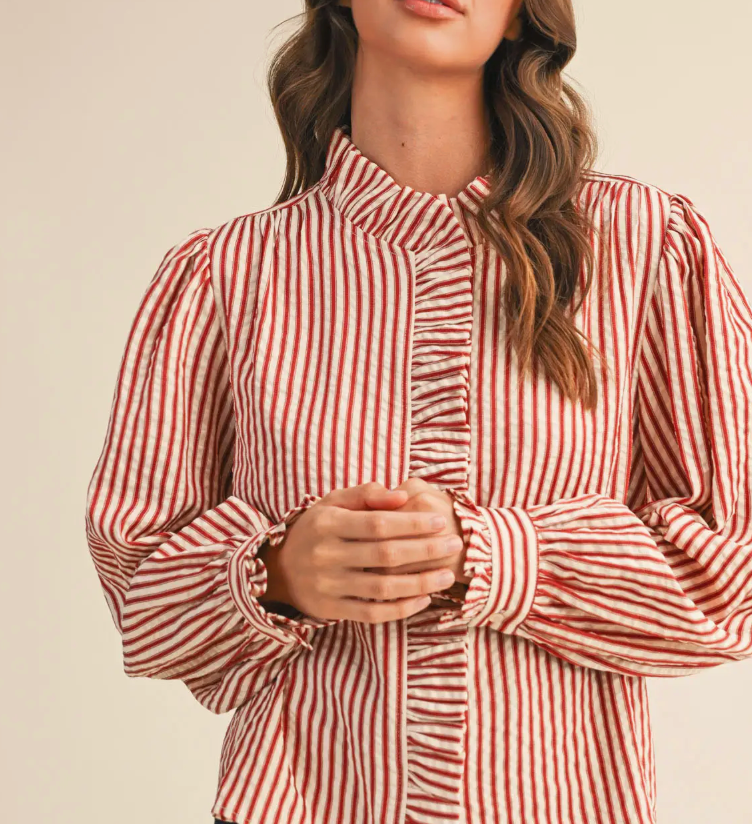 Clara Striped Button Down Top in Red