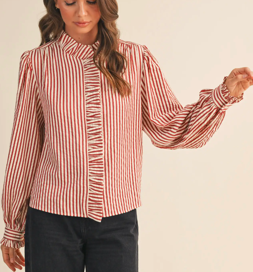Clara Striped Button Down Top in Red
