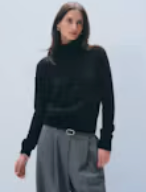 White + Warren Cashmere Ribbed Trim Turtleneck in Black