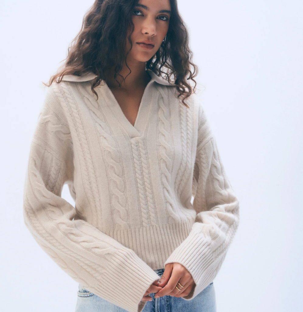 White + Warren Cashmere Cable Long Sleeve Polo in Natural Heather