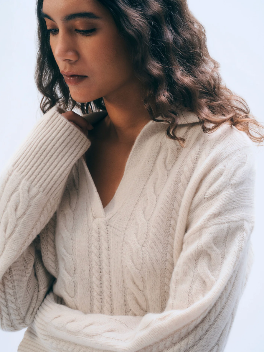 White + Warren Cashmere Cable Long Sleeve Polo in Natural Heather