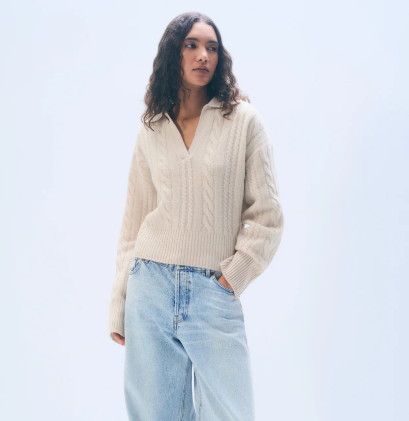 White + Warren Cashmere Cable Long Sleeve Polo in Natural Heather