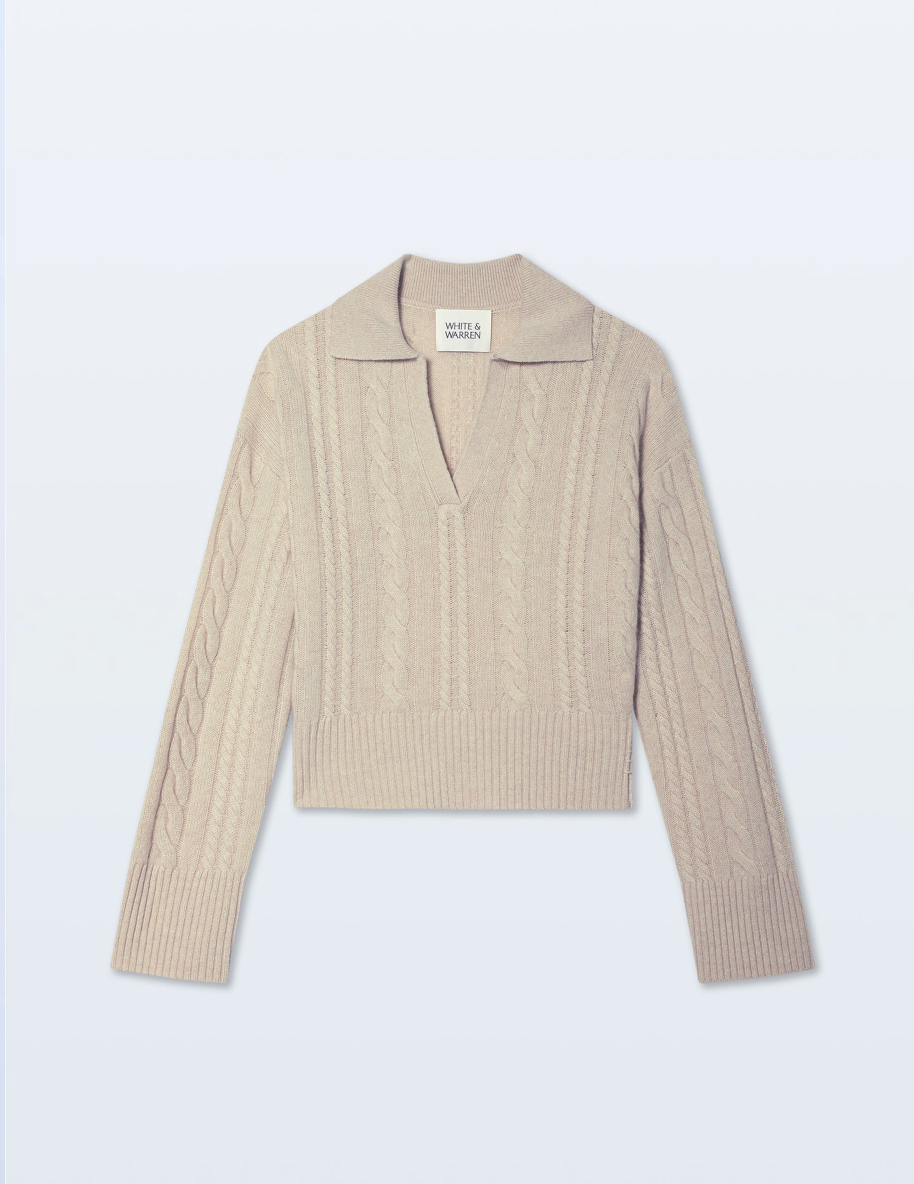White + Warren Cashmere Cable Long Sleeve Polo in Natural Heather