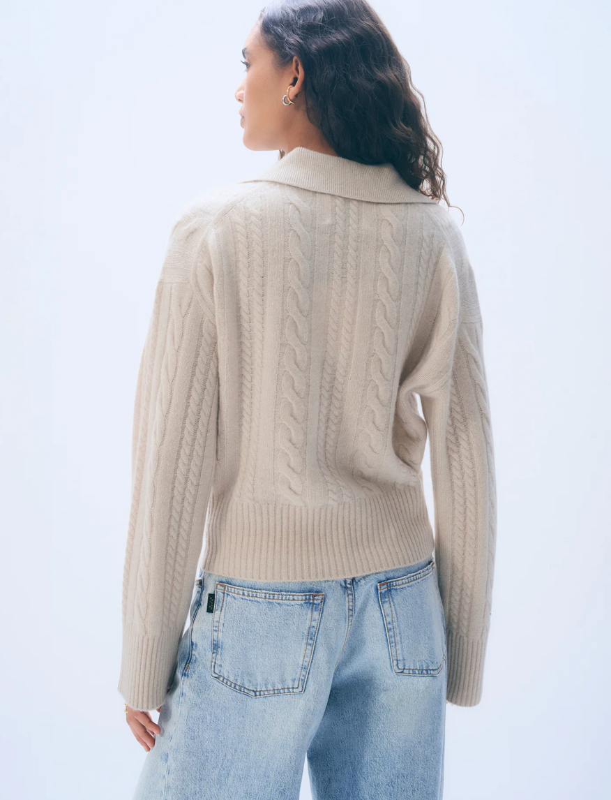 White + Warren Cashmere Cable Long Sleeve Polo in Natural Heather