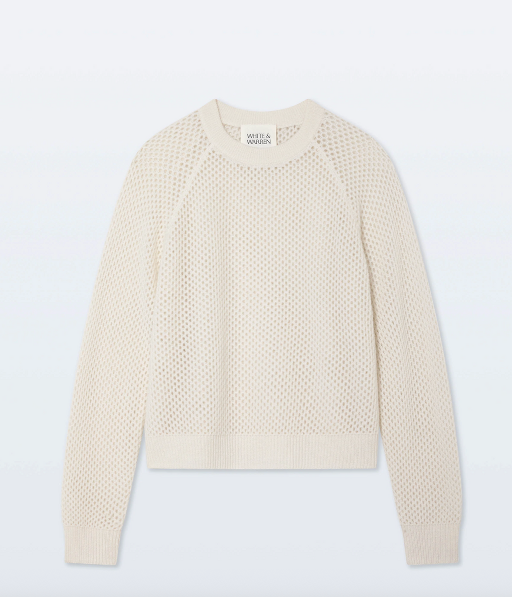 White + Warren Cashmere Mesh Sweatshirt in Soft White