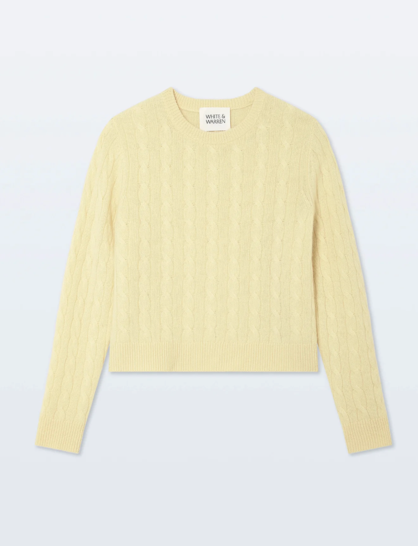 White + Warren Cashmere Varsity Cable Crewneck Sweater in Lemonade Yellow