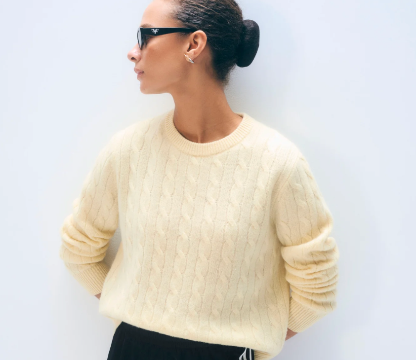 White + Warren Cashmere Varsity Cable Crewneck Sweater in Lemonade Yellow