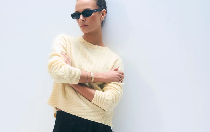 White + Warren Cashmere Varsity Cable Crewneck Sweater in Lemonade Yellow