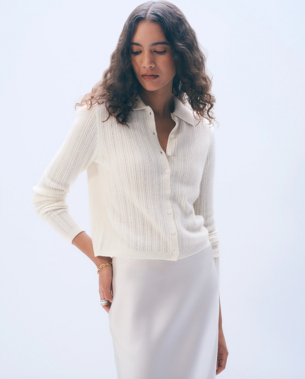 White + Warren Cashmere Pointelle Shirt in Soft White
