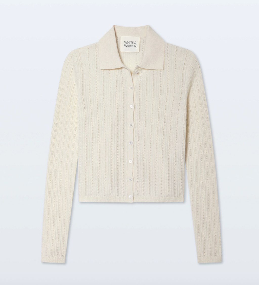 White + Warren Cashmere Pointelle Shirt in Soft White