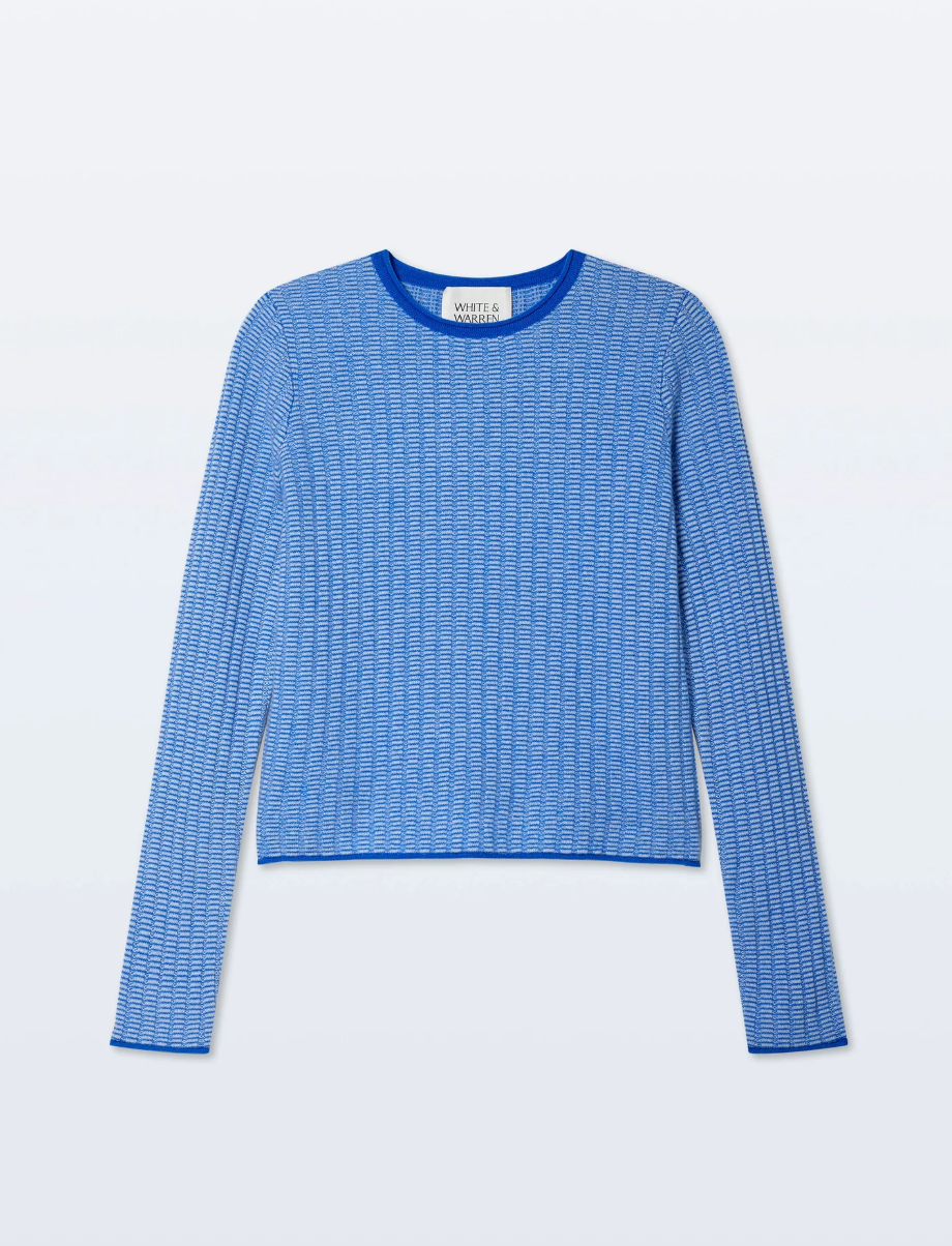 White + Warren Cashmere Textured Crewneck in Blue Combo