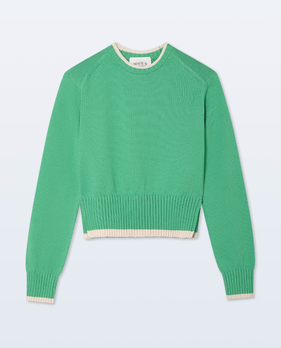 White + Warren Varsity Cotton Crewneck in Retro Green and Ivory