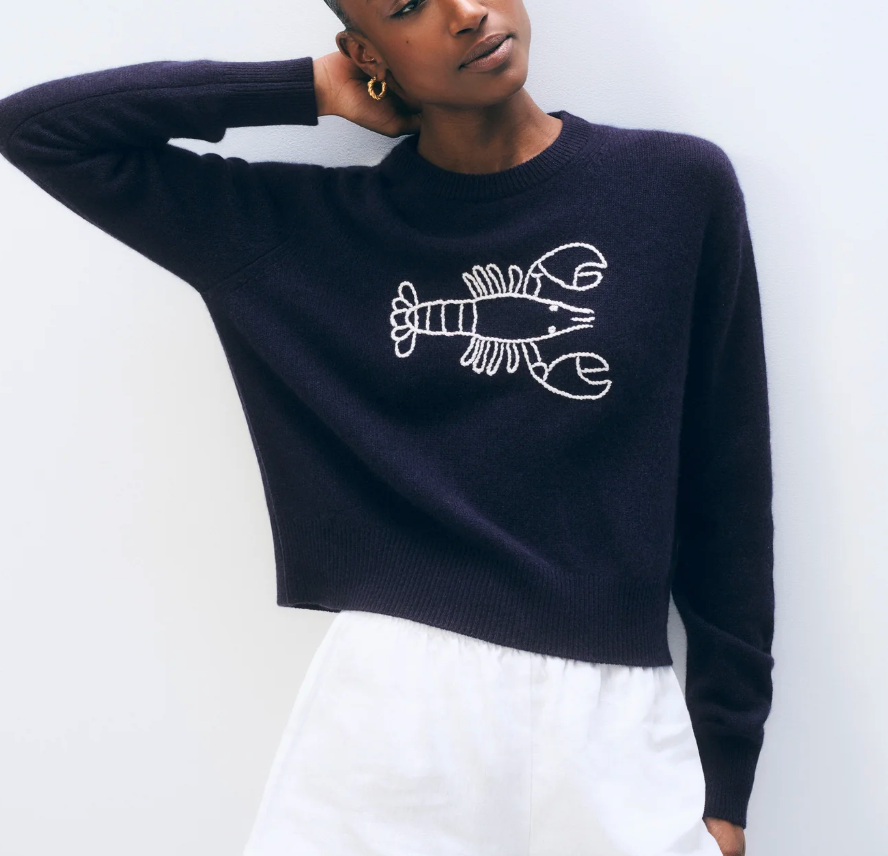 White + Warren Cashmere Embroidered Lobster Crewneck in Navy and White