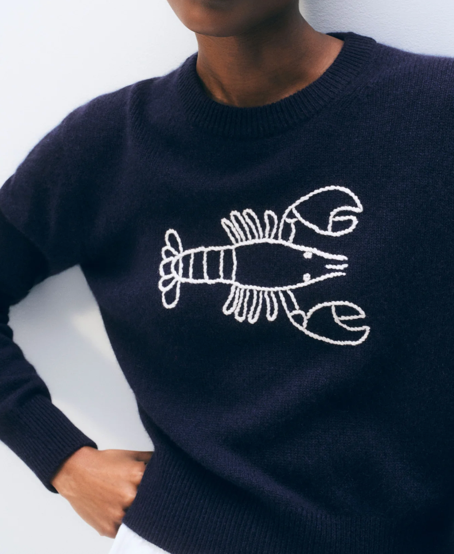 White + Warren Cashmere Embroidered Lobster Crewneck in Navy and White