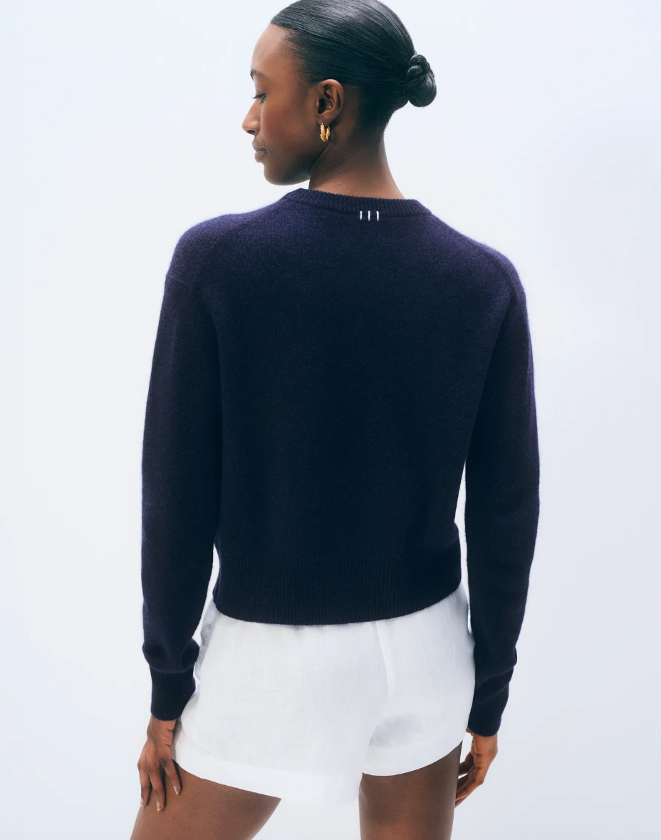 White + Warren Cashmere Embroidered Lobster Crewneck in Navy and White