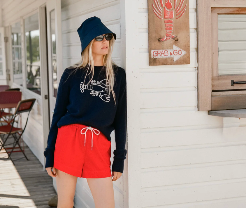 White + Warren Cashmere Embroidered Lobster Crewneck in Navy and White