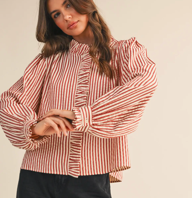 Clara Striped Button Down Top in Red