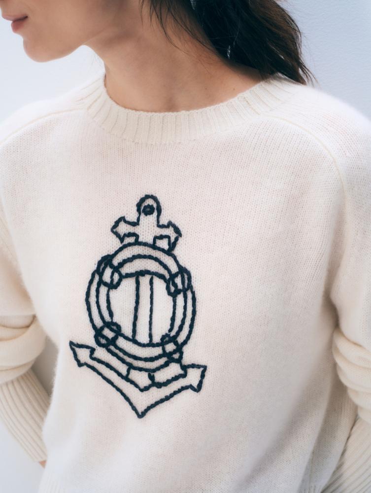 FEATHERWEIGHT CASHMERE NAUTICAL EMBROIDERED SWEATE