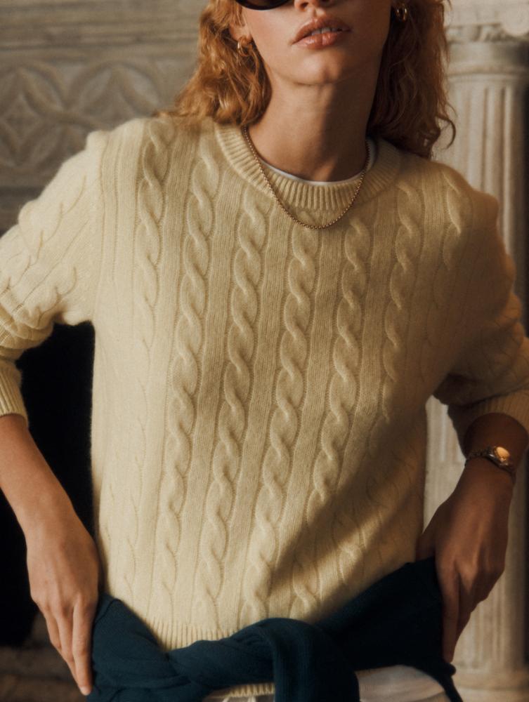 CASHMERE VARSITY CABLE CREWNECK