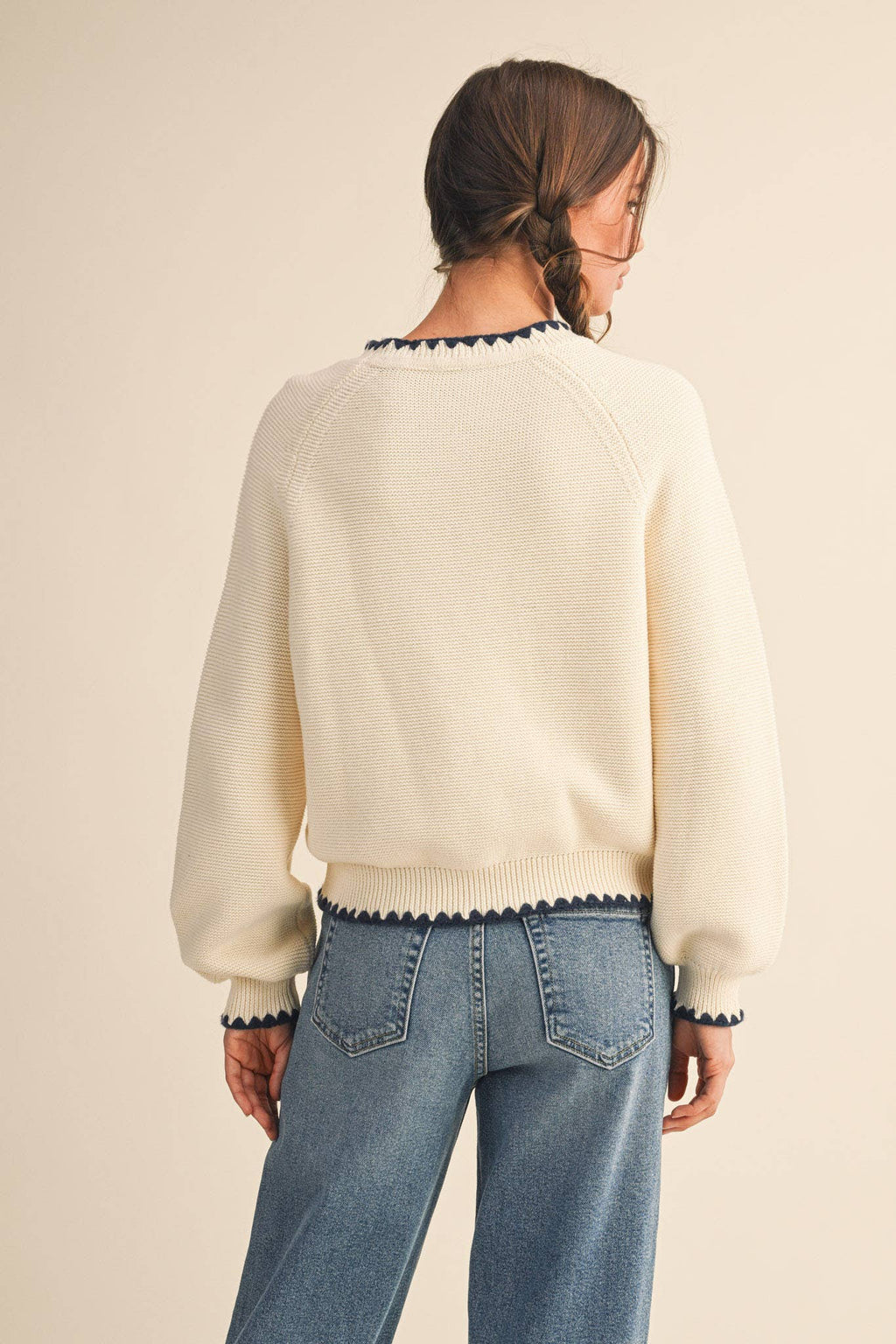 Kennedy Puff Sleeve Sweater in Ivory & Navy