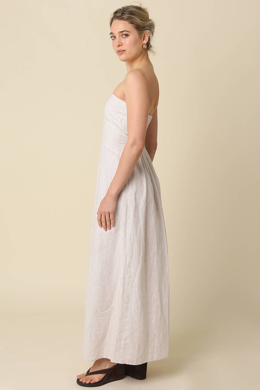 Samantha Strapless Linen Dress in Sand Stripe