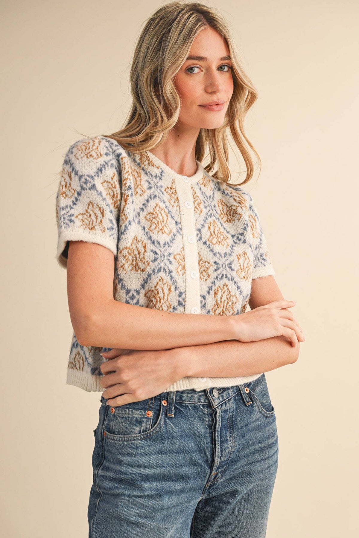 Kiki Floral Short Sleeve Cardigan Sweater in Ivory & Blue