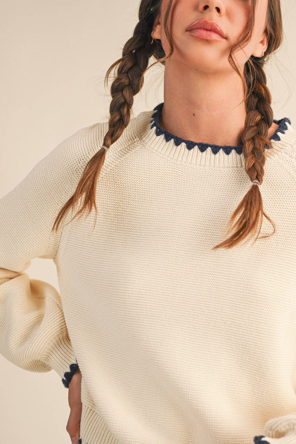Kennedy Puff Sleeve Sweater in Ivory & Navy