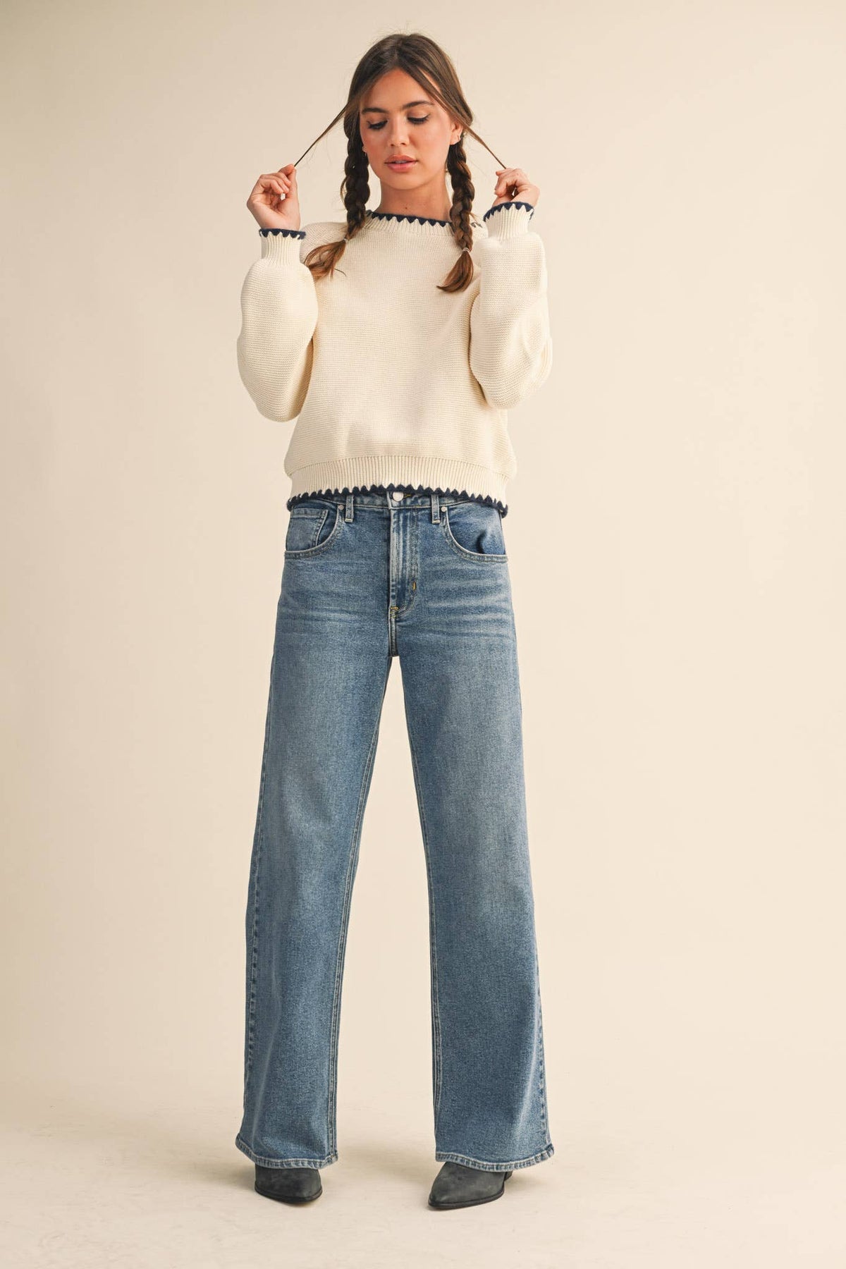 Kennedy Puff Sleeve Sweater in Ivory & Navy