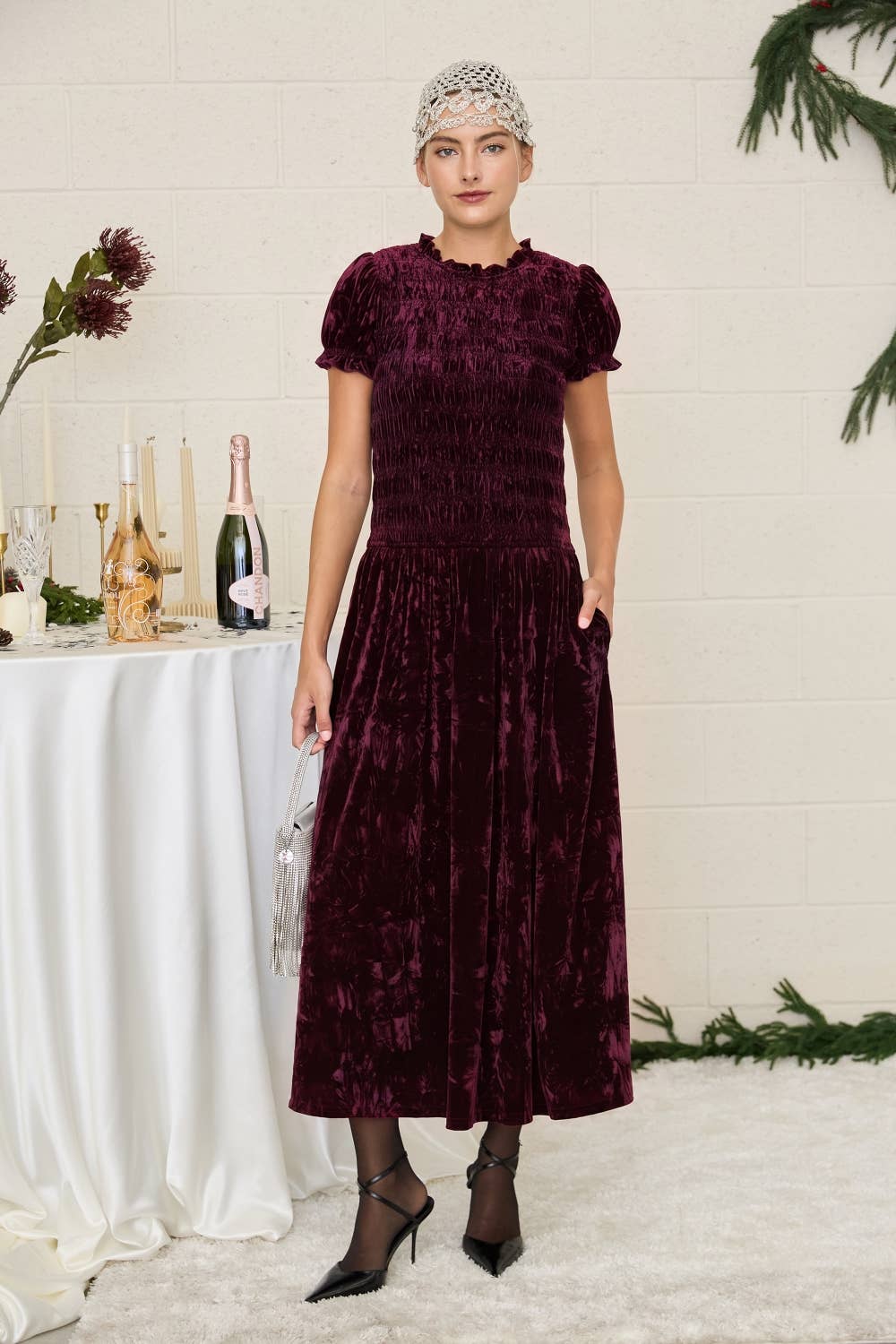 Emily Smocked Velvet Puff Sleeve Midi Dress in Wine