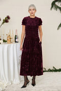 Emily Smocked Velvet Puff Sleeve Midi Dress in Wine