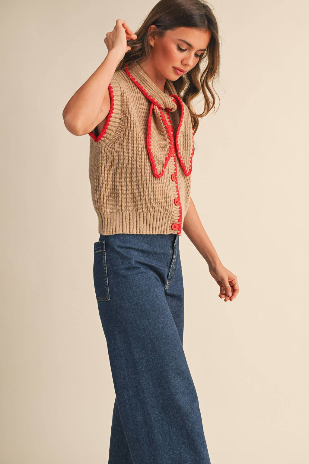 Charlie Knit Top in Tan and Red with Neck Tie