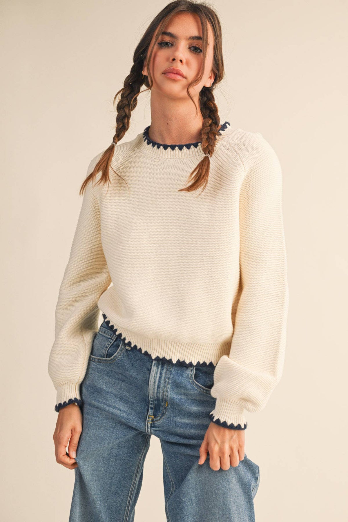 Kennedy Puff Sleeve Sweater in Ivory & Navy