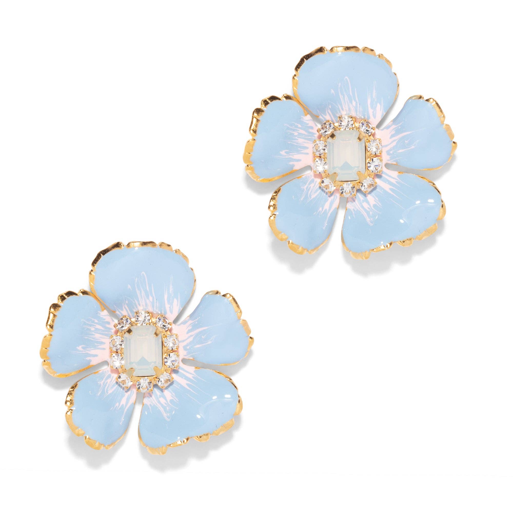 The Pink Reef Small Hand painted Floral in Light Blue White Opal Earrings