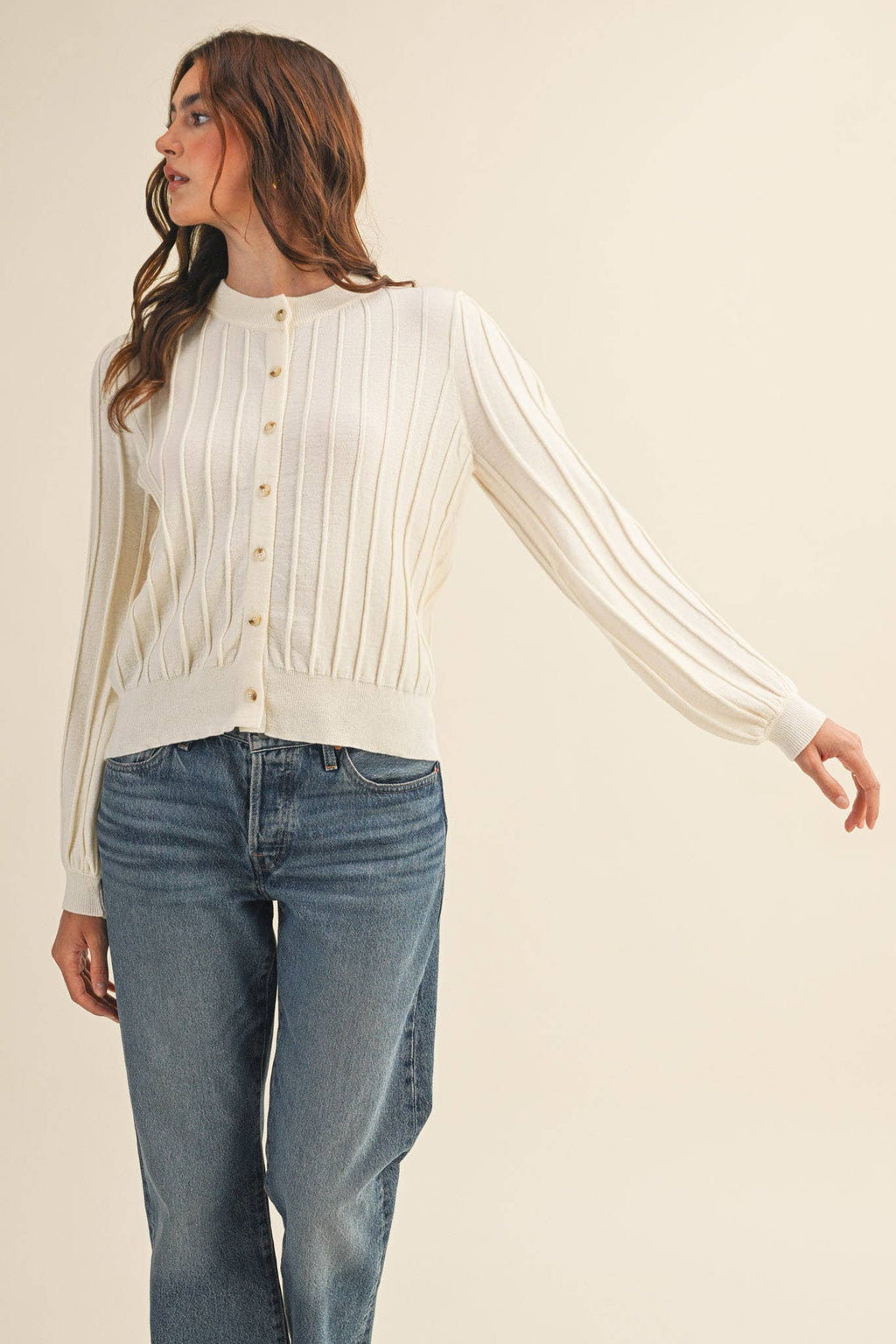 Rowan Ribbed Sweater Cardigan in Ivory