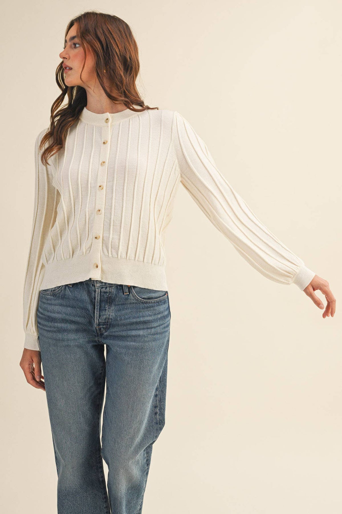 Rowan Ribbed Sweater Cardigan in Ivory