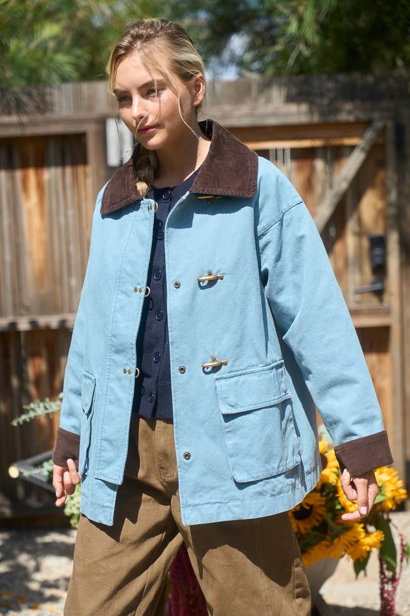 Tara Corduroy Collar Utility Jacket in Slate Blue