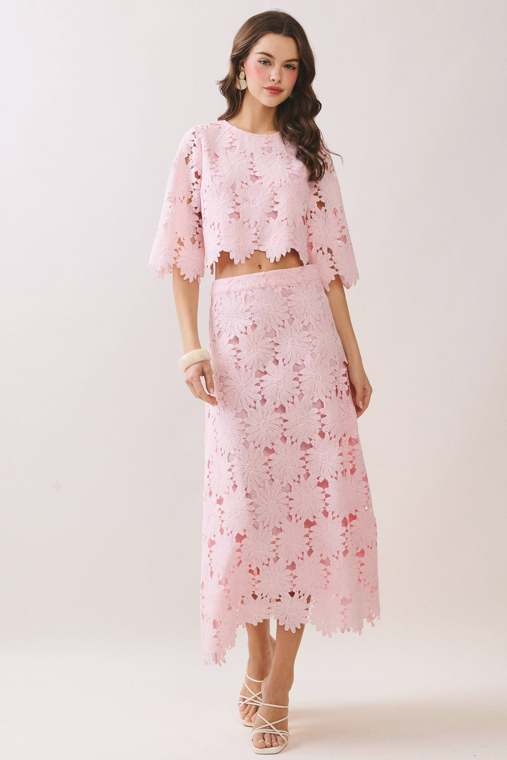 Gracie Floral Lace Scalloped Hem Midi Skirt in Light Pink