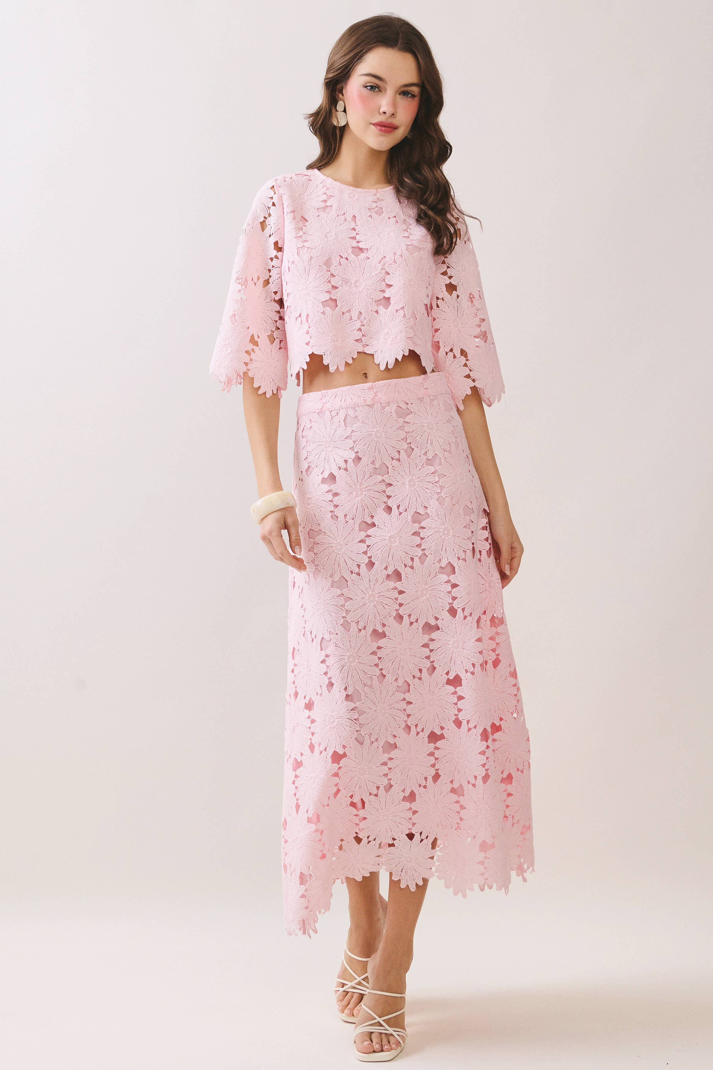 Gracie Floral Lace Scalloped Hem Midi Skirt in Light Pink