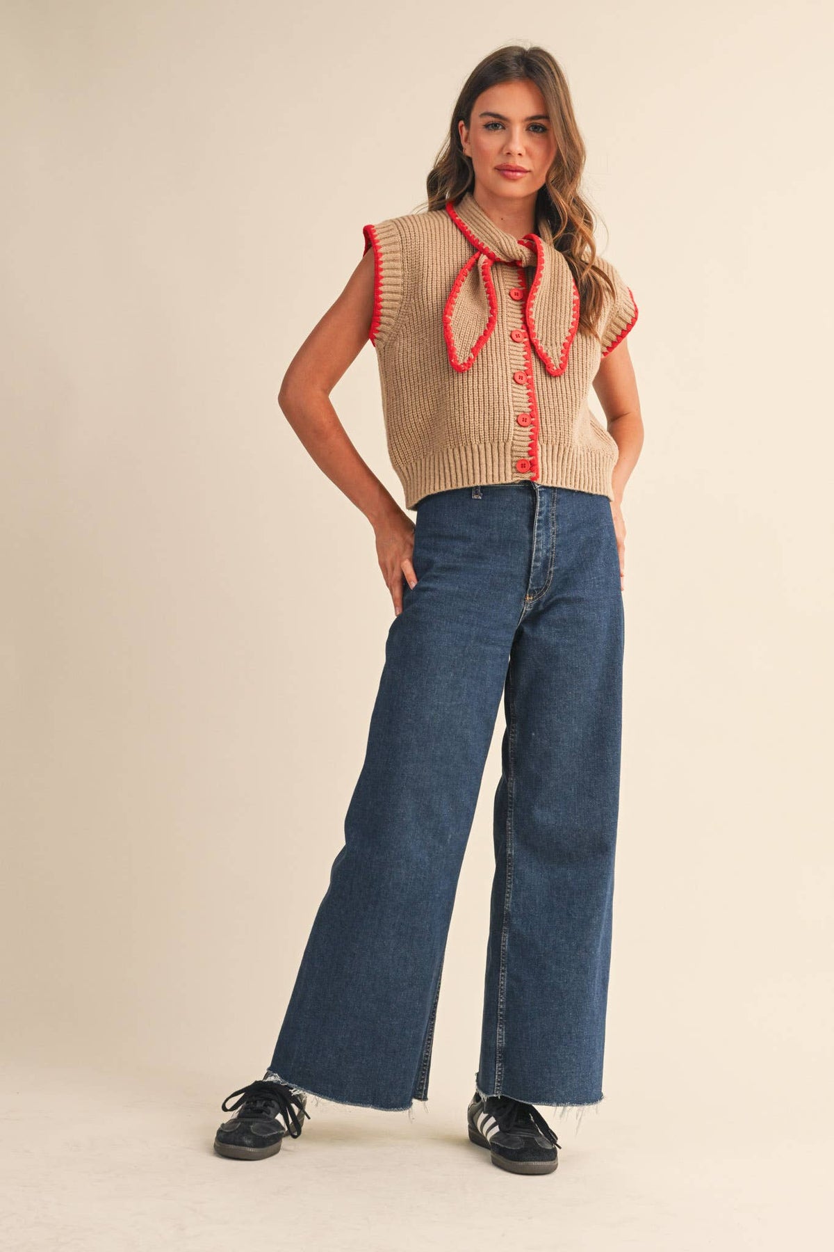 Charlie Knit Top in Tan and Red with Neck Tie