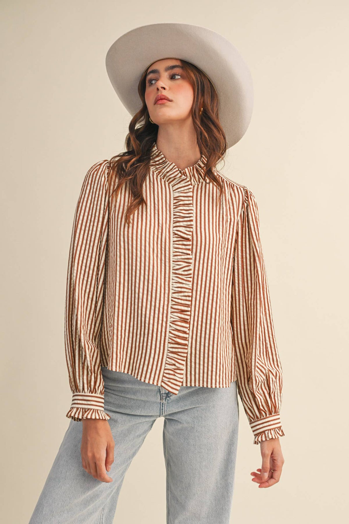 Clara Striped Button Down Top in Pecan Brown