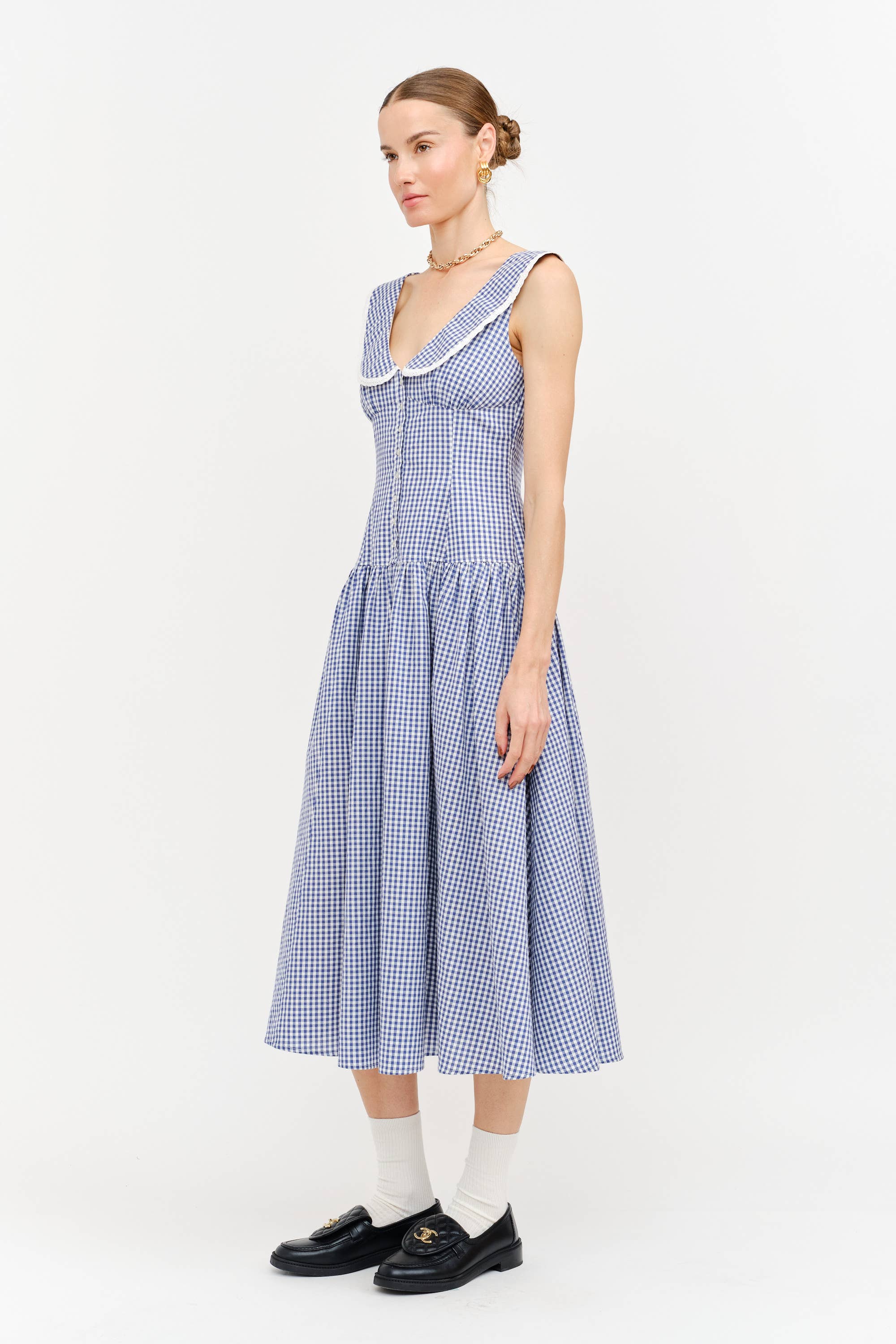 Camie Collared Midi Dress in Blue Gingham